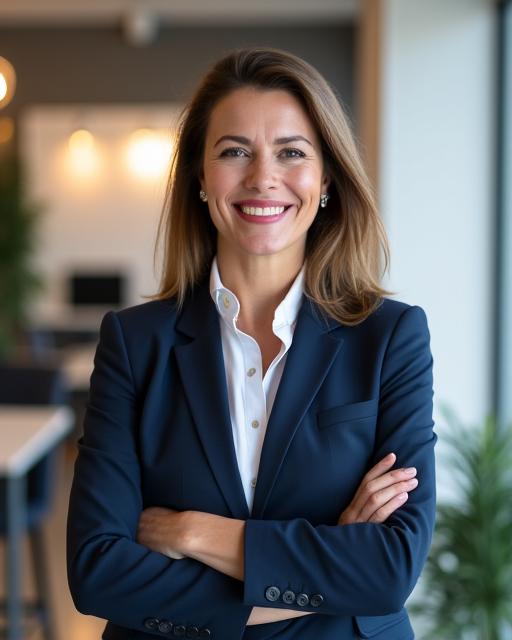 A confident HR consultant smiling in a modern office