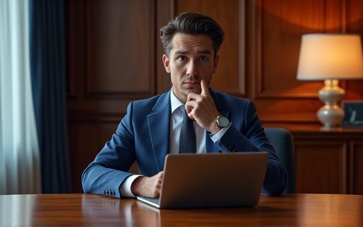 An executive working at a large wooden desk